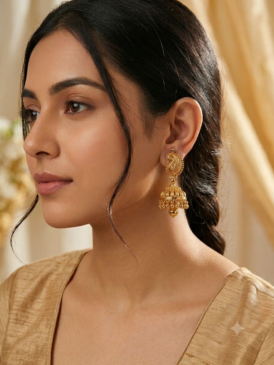 Model wearing a handcrafted gold peacock jhumka